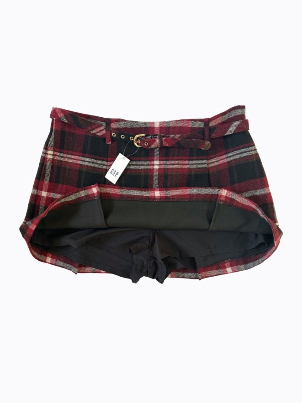 Gap Plaid Micro Mini Skirt Skort Med Wool Blend Burgundy Red Pleated Belted Y2K - Picture 3 of 8